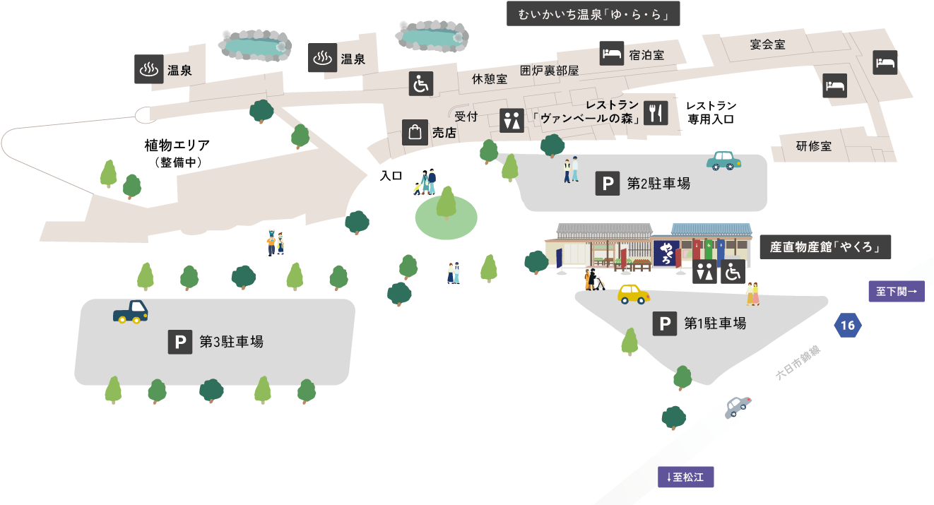 イラスト：むいかいち温泉ゆらら 施設マップ